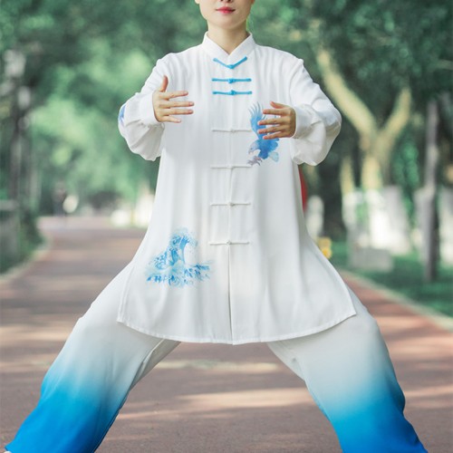 White with blue gradient chinese tai chi clothing for women and men kung fu unforms wushu martial art stage performance suits morning exercises fitness clothes